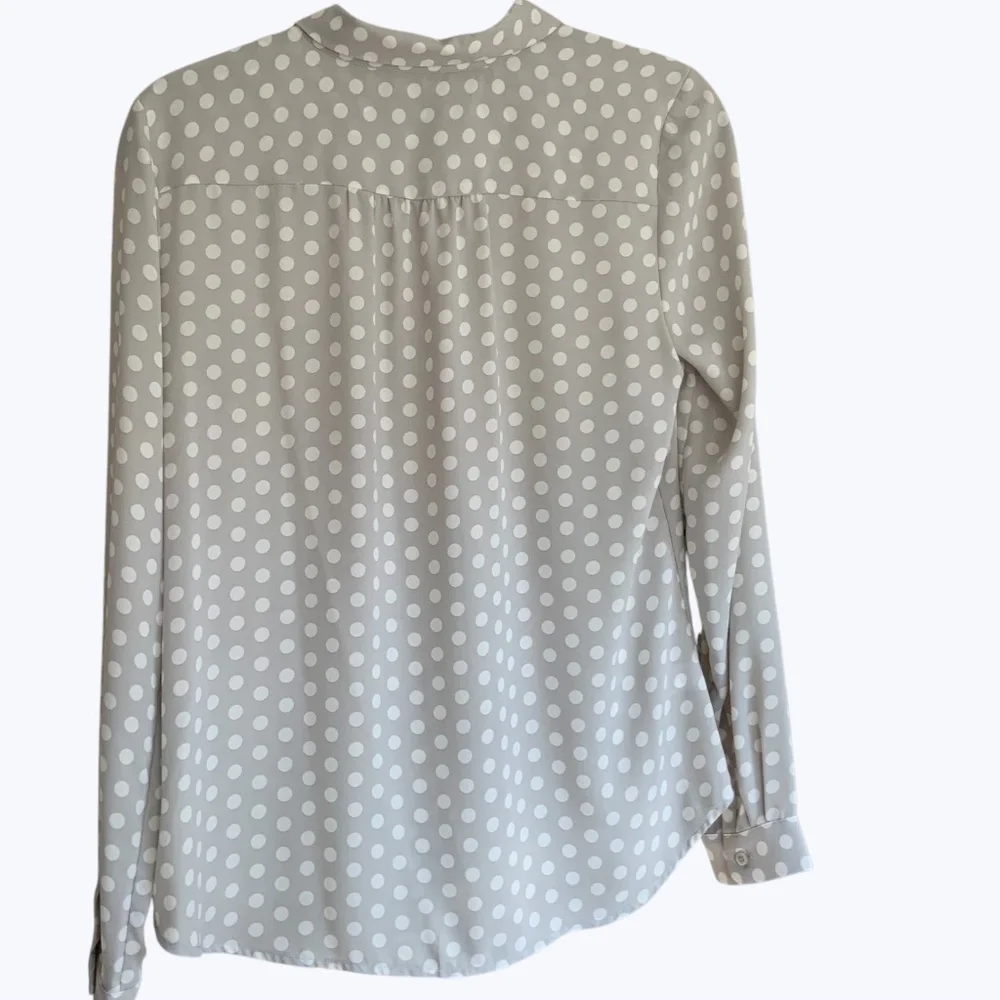 LOFT Grey White Polka Dot Silky Button Front Long Sleeve  Blouse SZ S